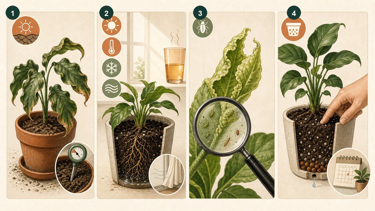 Four-step visual guide for diagnosing curled houseplant leaves: check moisture, inspect light and temperature stress, look for pests on new growth, then review soil, pot, and recent care changes