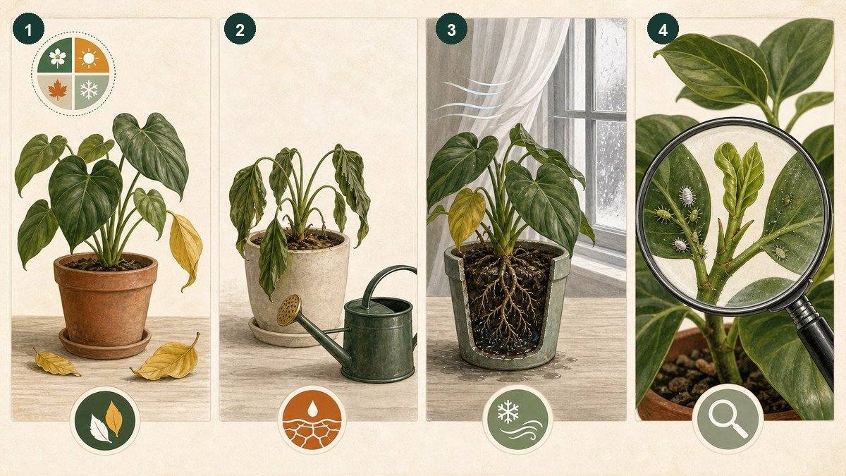 Four-step visual guide for diagnosing houseplant leaf drop: consider normal aging and adjustment, check dry soil, inspect wet roots and cold stress, then look for pests