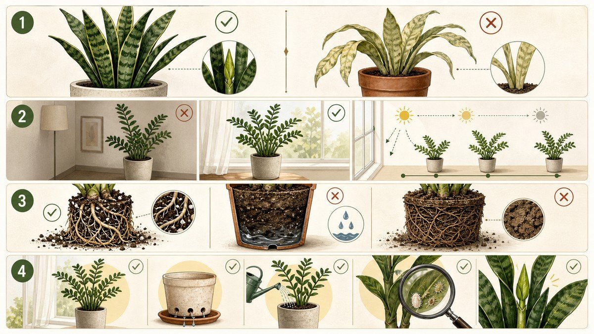 Four-step visual guide for a houseplant that is not growing: compare healthy slow growth with decline, check usable light, inspect roots and moisture, then stabilize light, drainage, watering, and pest checks