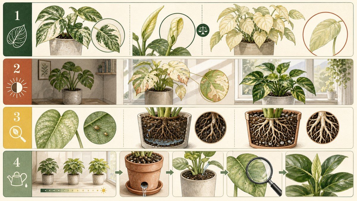 Four-step visual guide for pale houseplant leaves: separate normal variegation from symptoms, compare dim light with harsh sun, inspect pests and roots, then stabilize light, drainage, watering, and monitoring