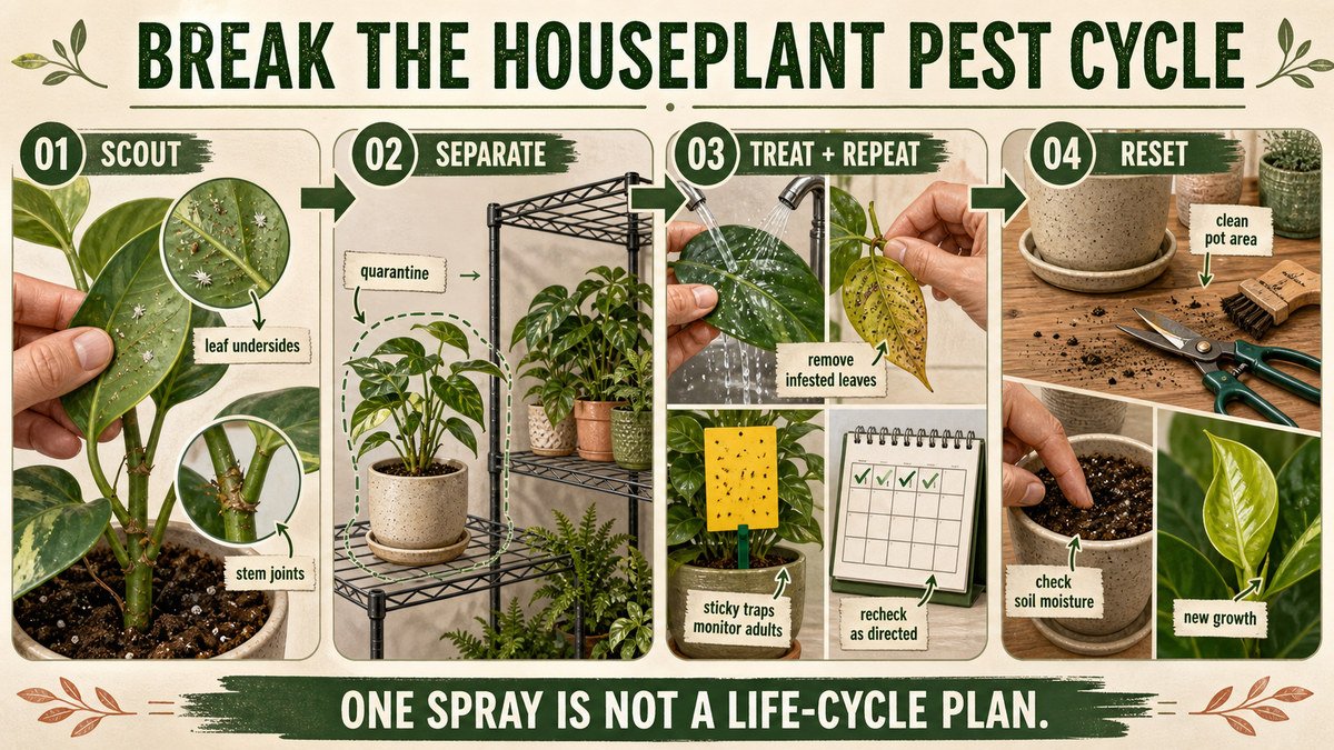 Four-step visual learning guide showing a hand scouting leaf undersides and stem joints, isolating a suspect plant, washing and monitoring pests, and cleaning the pot area while checking new growth