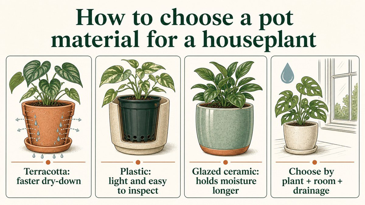 Infographic comparing terracotta, plastic, glazed ceramic, and room-based pot choices for houseplants