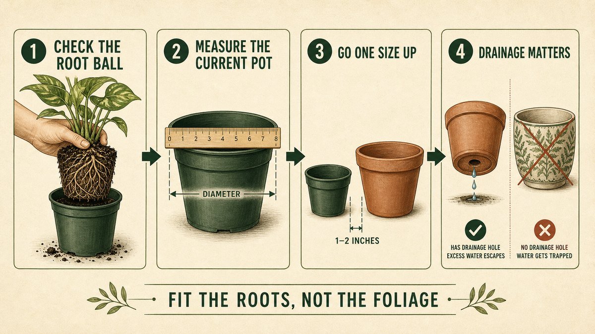 Four illustrated pot-size decisions: check the root ball, measure the current pot, choose a pot one to two inches wider, and confirm drainage holes