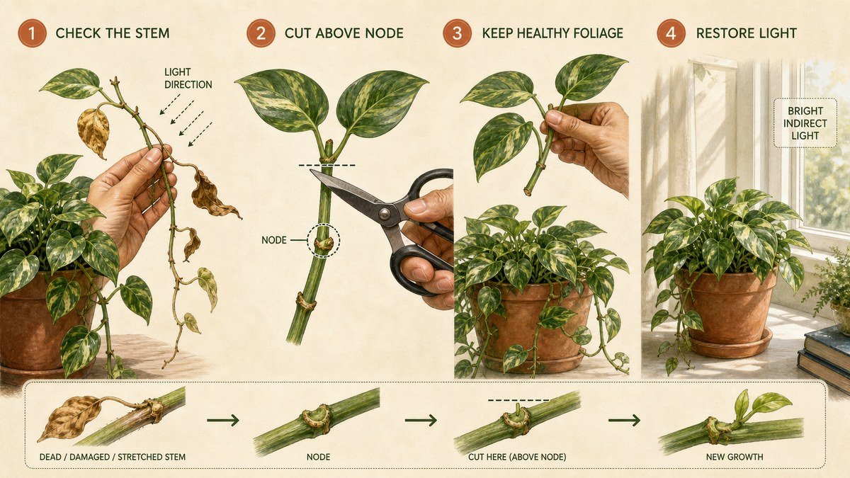 Visual guide to pruning a houseplant: inspect a stretched or damaged stem, cut just above a node, keep healthy foliage, and restore suitable light