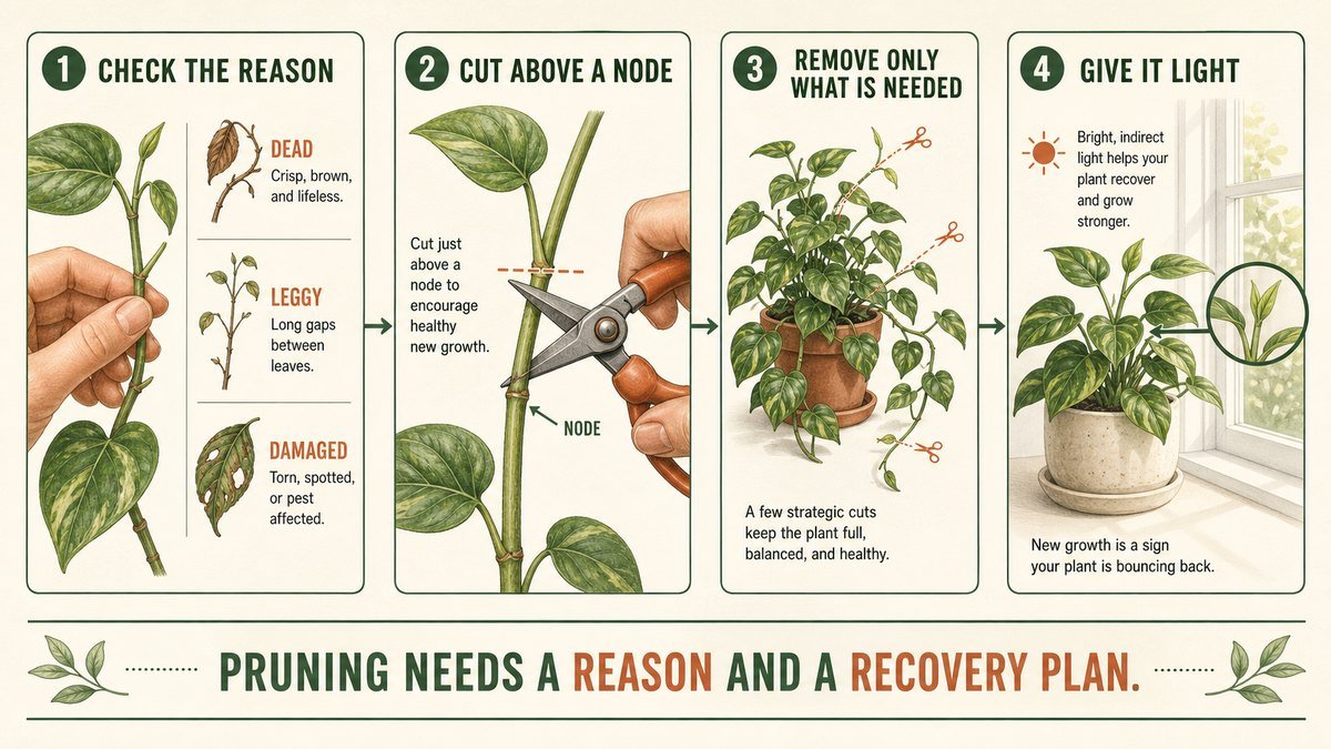 Four-step visual guide to pruning a houseplant: check the reason, cut above a node, remove only what is needed, and provide suitable light