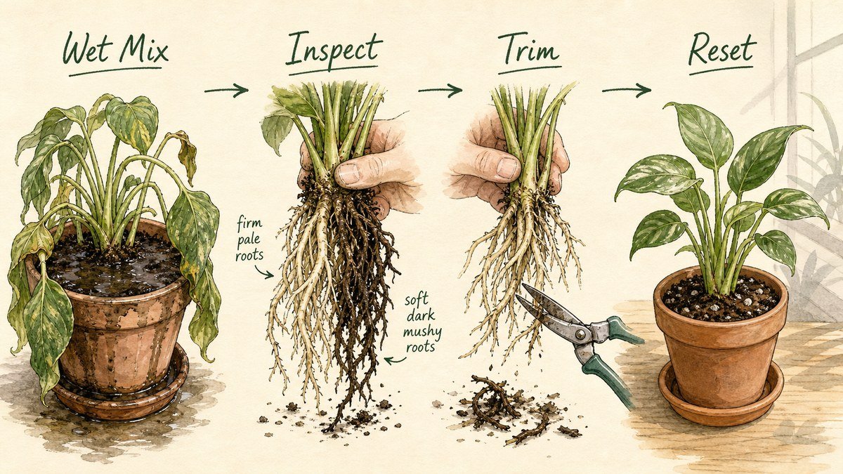 Four illustrated houseplant root rot steps: notice wet mix and decline, inspect the roots, trim soft tissue back to firm roots, and reset the plant in a draining pot