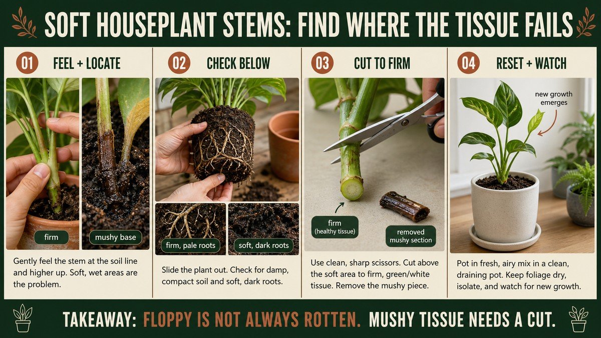 Four-step visual learning guide showing a hand locating soft stem tissue, checking roots and soil, cutting above rot to firm tissue, and resetting the plant in a draining pot