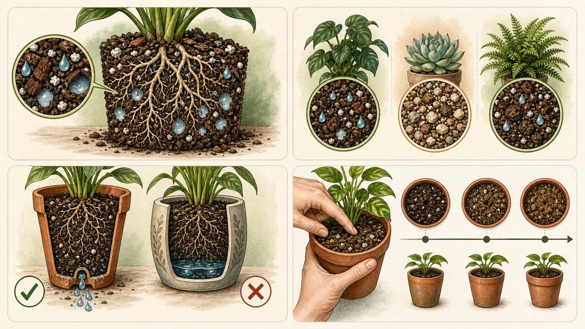 Four-step visual guide to choosing houseplant soil: balance air and moisture around roots, match mix texture to plant type, use a drainage hole, and observe how the mix dries after watering