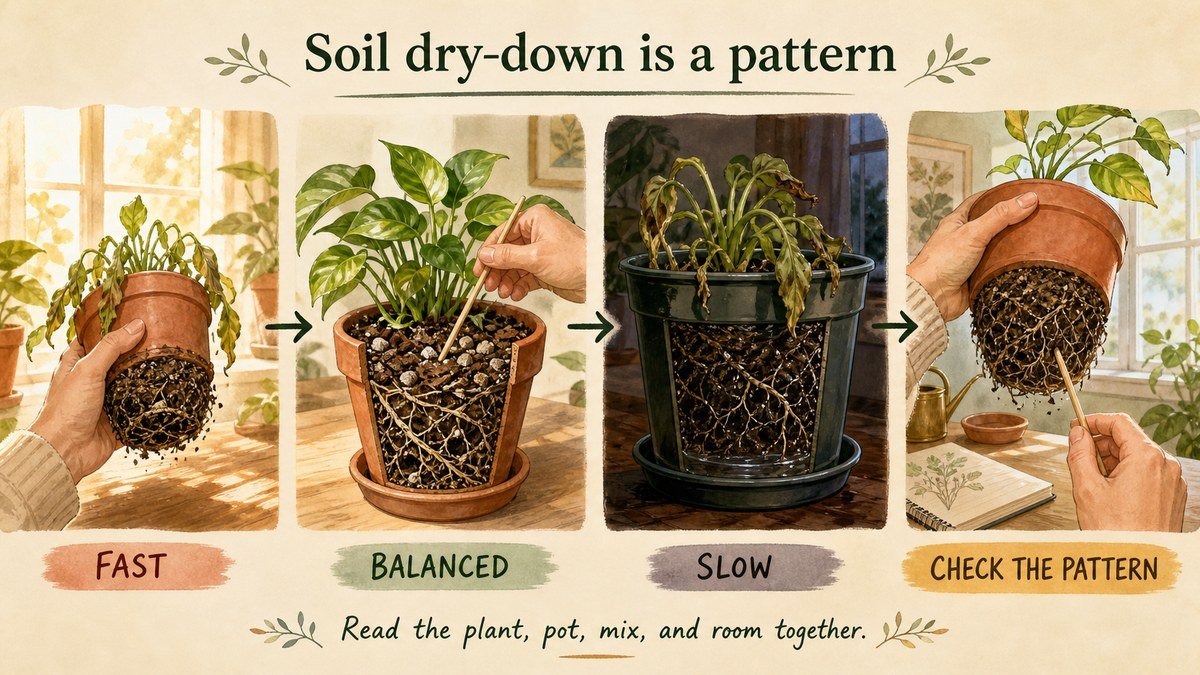 Plant-action visual showing a gardener lifting a pot, checking the root zone with a skewer, comparing wet and dry roots, and adjusting the setup