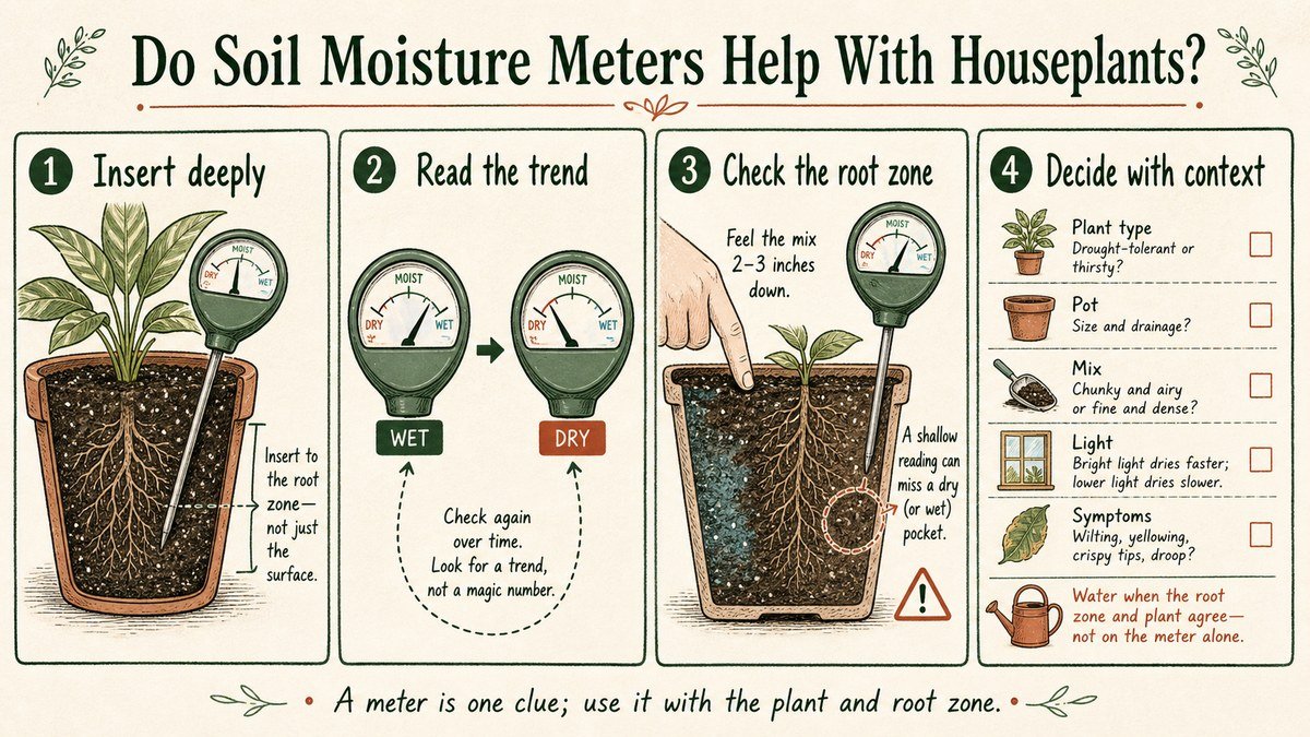 Four-step soil moisture meter guide: insert the probe deeply, read trends, check the root zone directly, and decide with plant and pot context