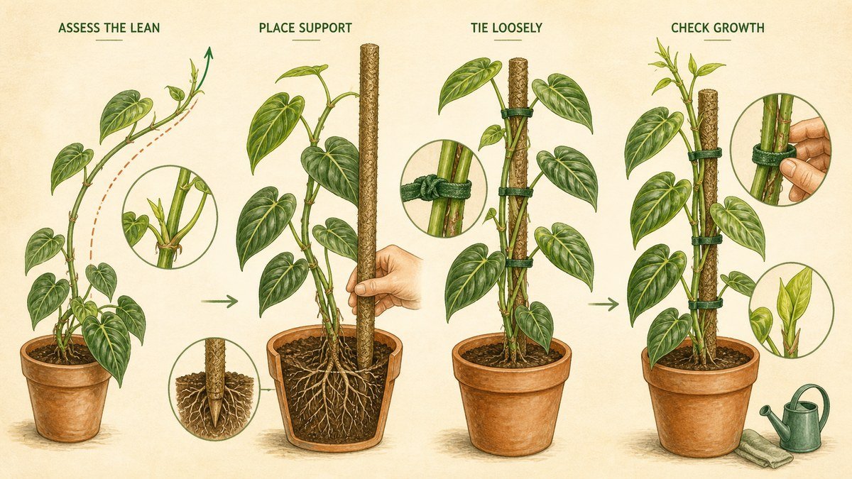 Visual guide to staking a houseplant: assess the lean, place support beside the root ball, tie the stem loosely, and check new growth