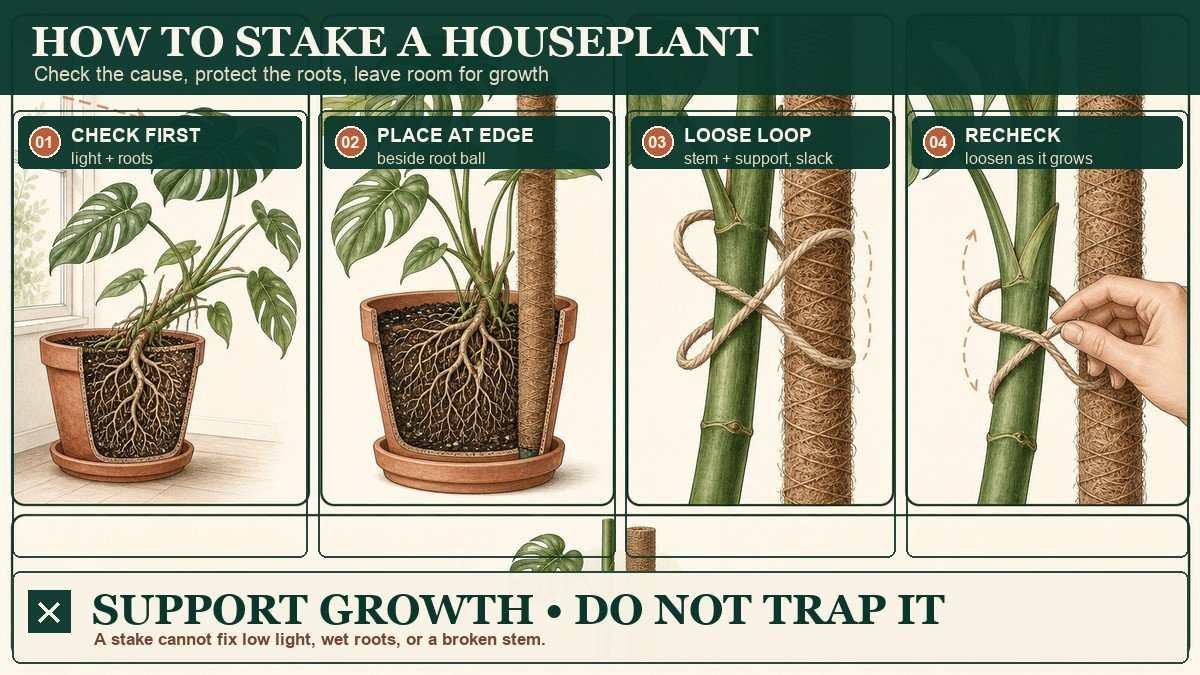 Illustrated four-step houseplant staking visual showing a leaning plant, support beside the root ball, a loose loop, and a tie recheck