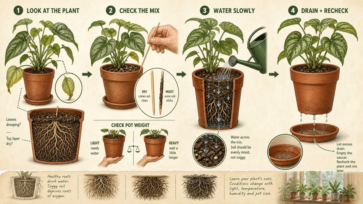 Visual guide to telling when a houseplant needs water: read leaf clues, check the mix below the surface and pot weight, water slowly, then drain and recheck