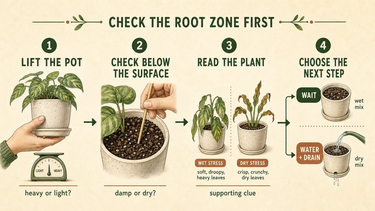 Four illustrated houseplant watering checks: lift the pot, check moisture below the surface, read leaf clues, then wait or water and drain based on the root zone