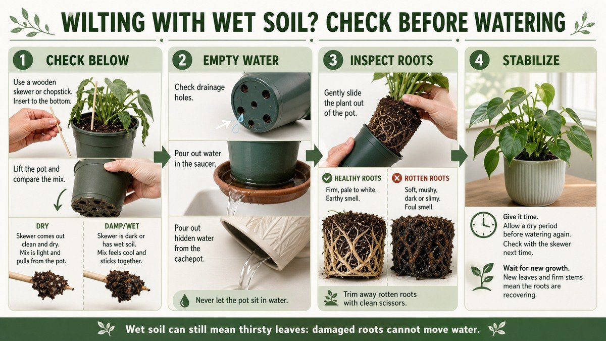 Illustrated four-step houseplant wilt diagnosis showing a skewer moisture check, emptying standing water, comparing healthy and rotten roots, and stabilizing recovery