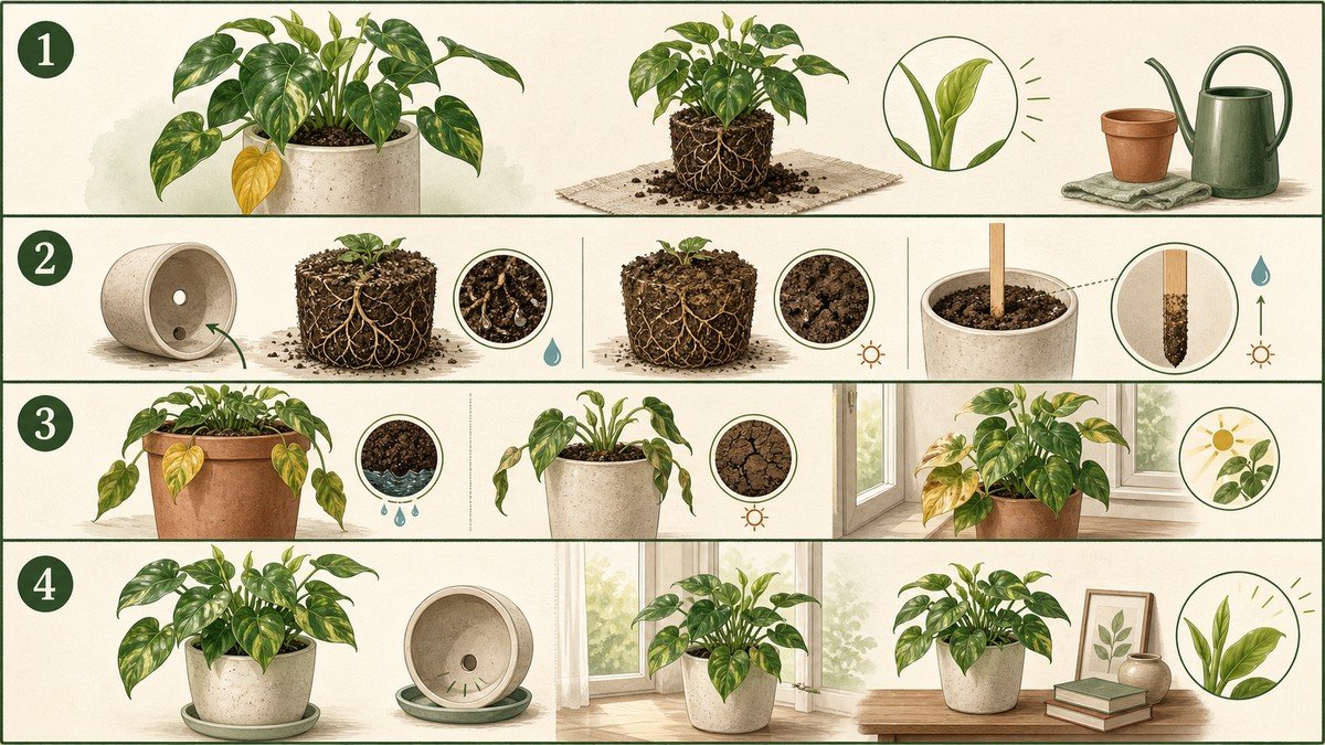 Four-step visual guide for yellow houseplant leaves after repotting: notice normal older-leaf yellowing, check the root zone and drainage, compare wet, dry, and light-change causes, then stabilize the plant for recovery