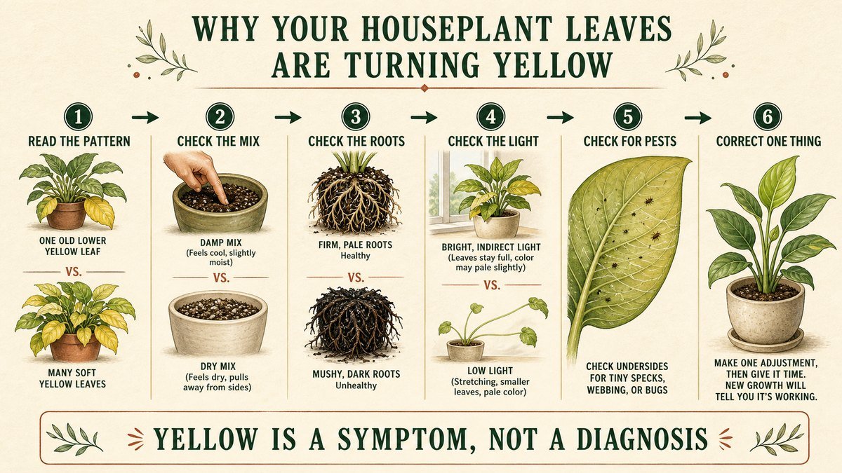 Six illustrated yellow-leaf diagnosis checks: read the pattern, check the potting mix, inspect roots, check light, look for pests, then correct one thing and watch new growth