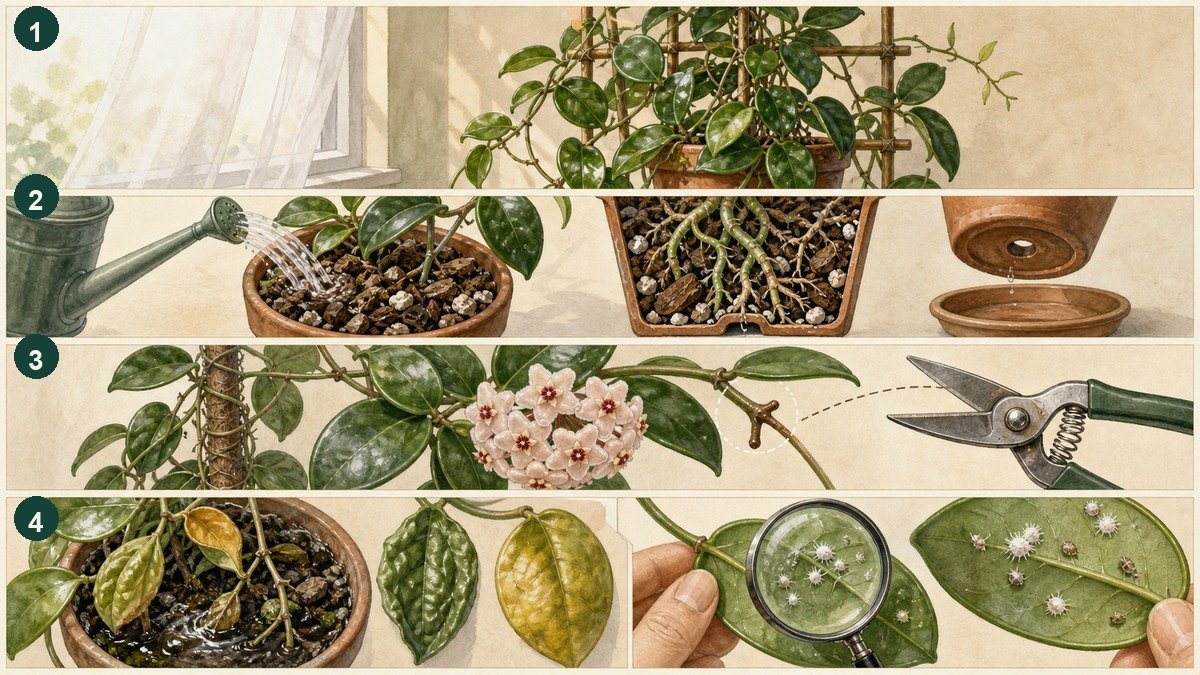 Four-step visual guide to Hoya care: provide bright light and support, water chunky mix only after it dries, protect flower spurs while training the vine, and inspect wet roots or pests when leaves change