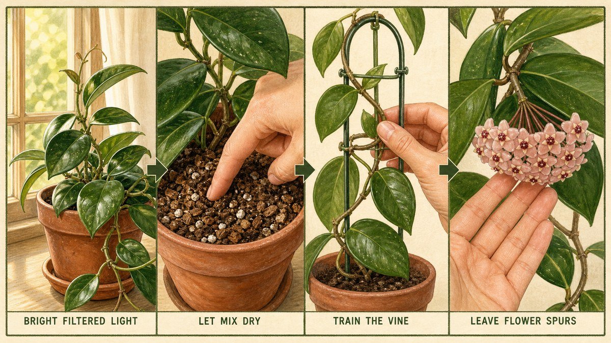 Hoya care actions: provide bright filtered light, let the chunky mix dry, train the vine without cutting flower spurs, and inspect leaves for root or pest problems