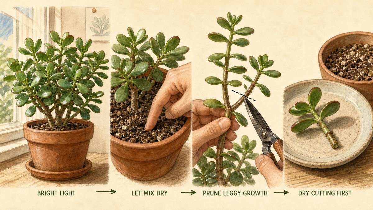 Jade plant care actions: place it in bright light, let the potting mix dry, prune leggy growth, and let a cutting dry before planting