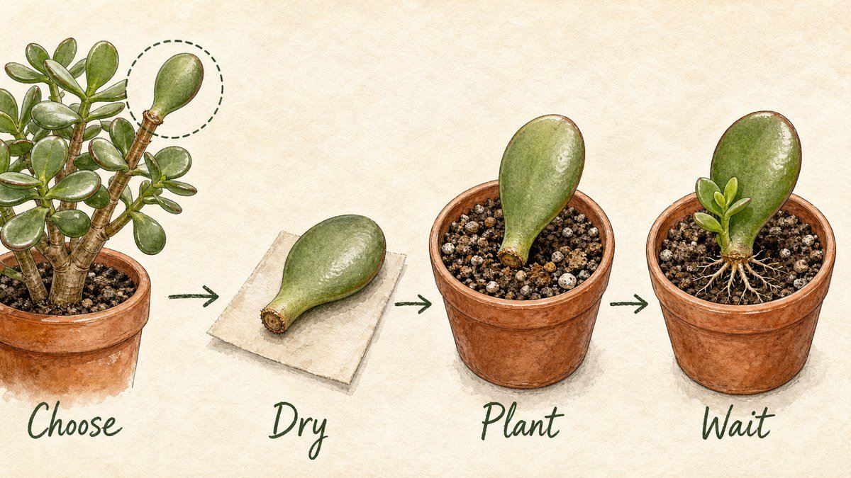 Four illustrated jade plant propagation steps: choose a firm leaf or stem, let the cutting dry, plant it in fast-draining mix, and wait for roots and new growth