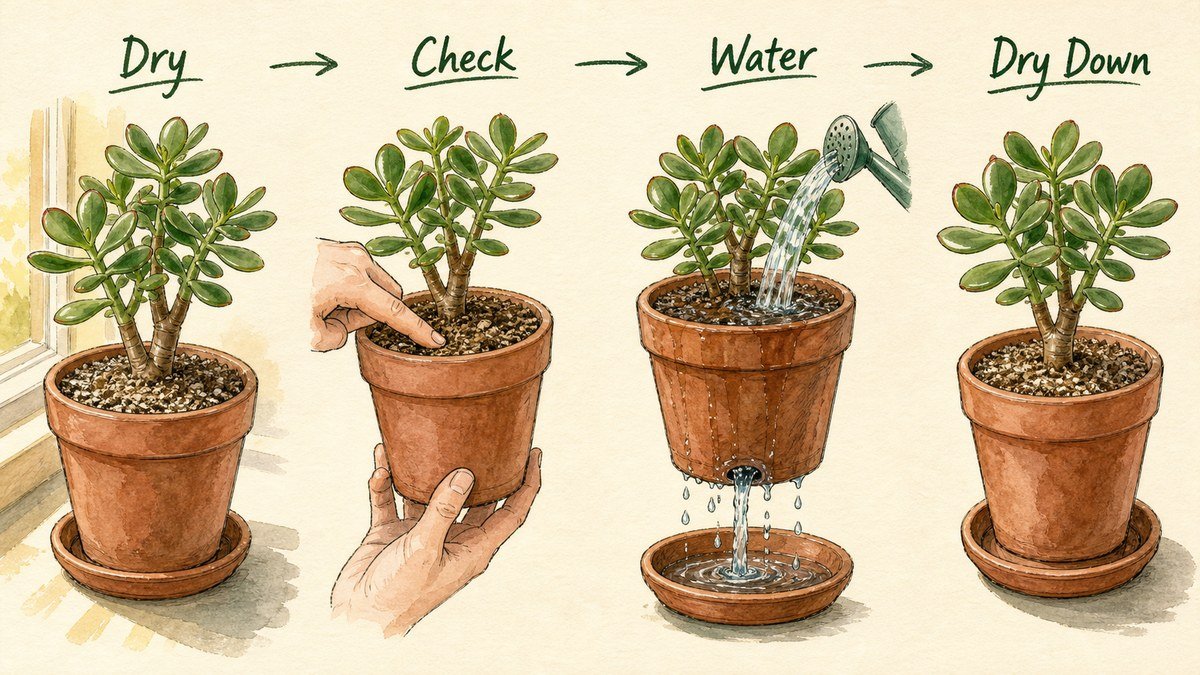 Four illustrated jade plant watering steps: let the mix dry, check the soil, water deeply until it drains, and allow the soil to dry down