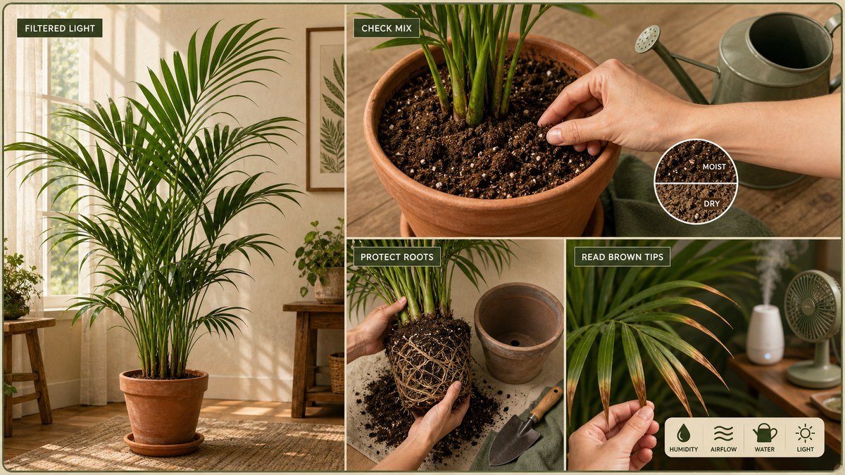 Kentia palm care actions: use filtered light, check the potting mix, protect the root ball during repotting, and inspect brown tips with airflow and humidity in mind