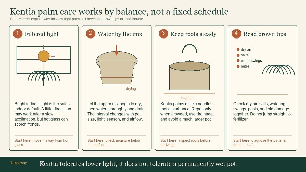 Four-panel Kentia palm care diagram showing filtered light, watering by soil dryness, gentle root care, and brown-tip diagnosis