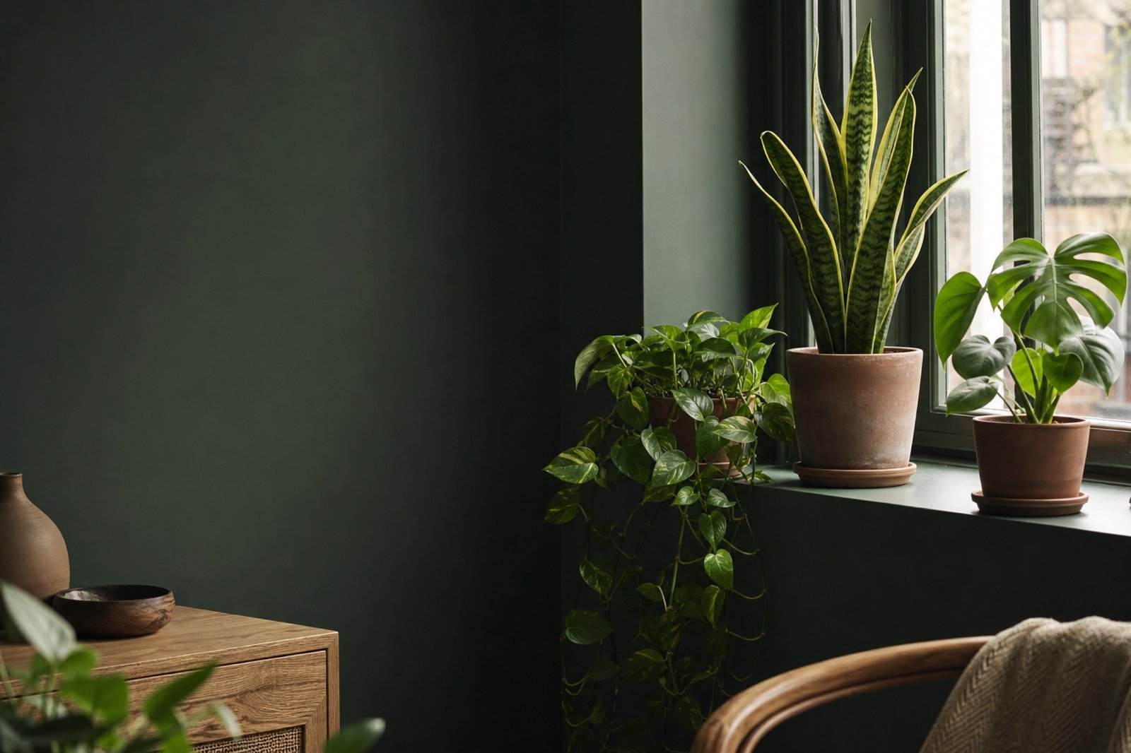 A real houseplant leaf beside a bright indoor window