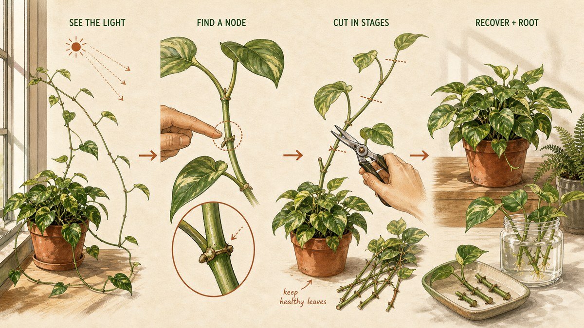 Visual guide to pruning a leggy houseplant: check stretched growth and light direction, find a node, cut long sparse stems in stages, and recover the plant with steady light