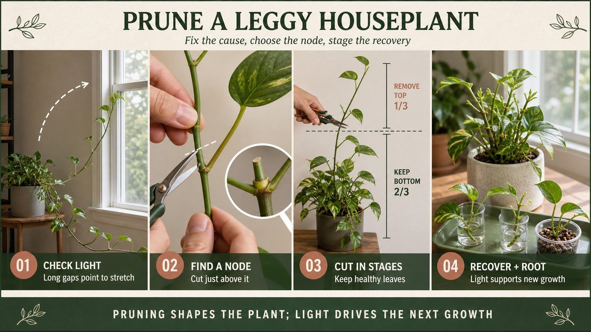 Illustrated four-step leggy houseplant pruning visual showing a light check, a cut above a node, staged removal, and recovery with healthy cuttings