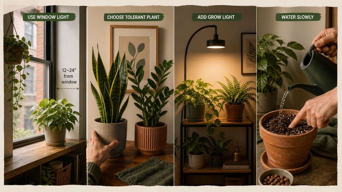 Low-light apartment plant decisions: use available window light, choose a tolerant plant for a dim room, add a grow light when needed, and check soil before watering slowly