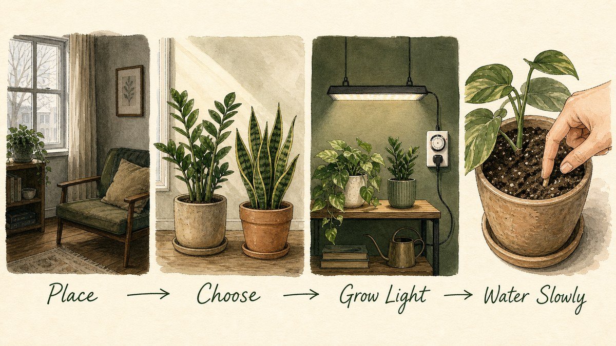 Four illustrated low-light apartment steps: place plants near usable window light, choose tolerant plants, add a grow light to a windowless room, and water more slowly