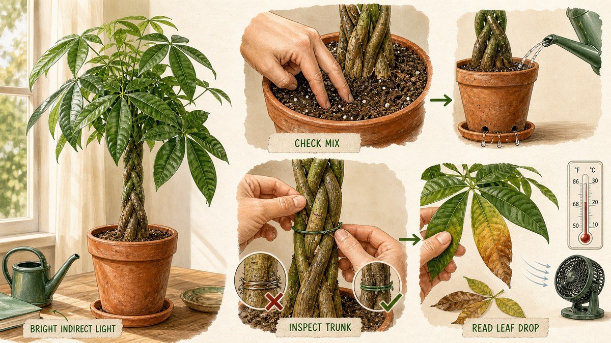 Money tree care actions: provide bright indirect light, check the potting mix before watering, inspect braided trunks for constricting ties, and read leaf drop alongside temperature and airflow