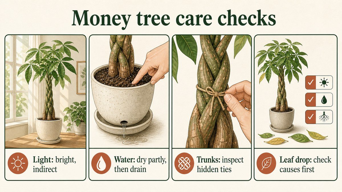 Infographic showing money tree checks for bright indirect light, partly dry soil, hidden trunk ties, and leaf drop causes