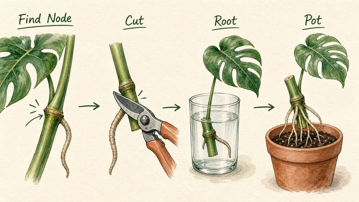 Four illustrated Monstera propagation steps: find a node and aerial root, cut below the node, root the cutting in water, and pot it after roots form