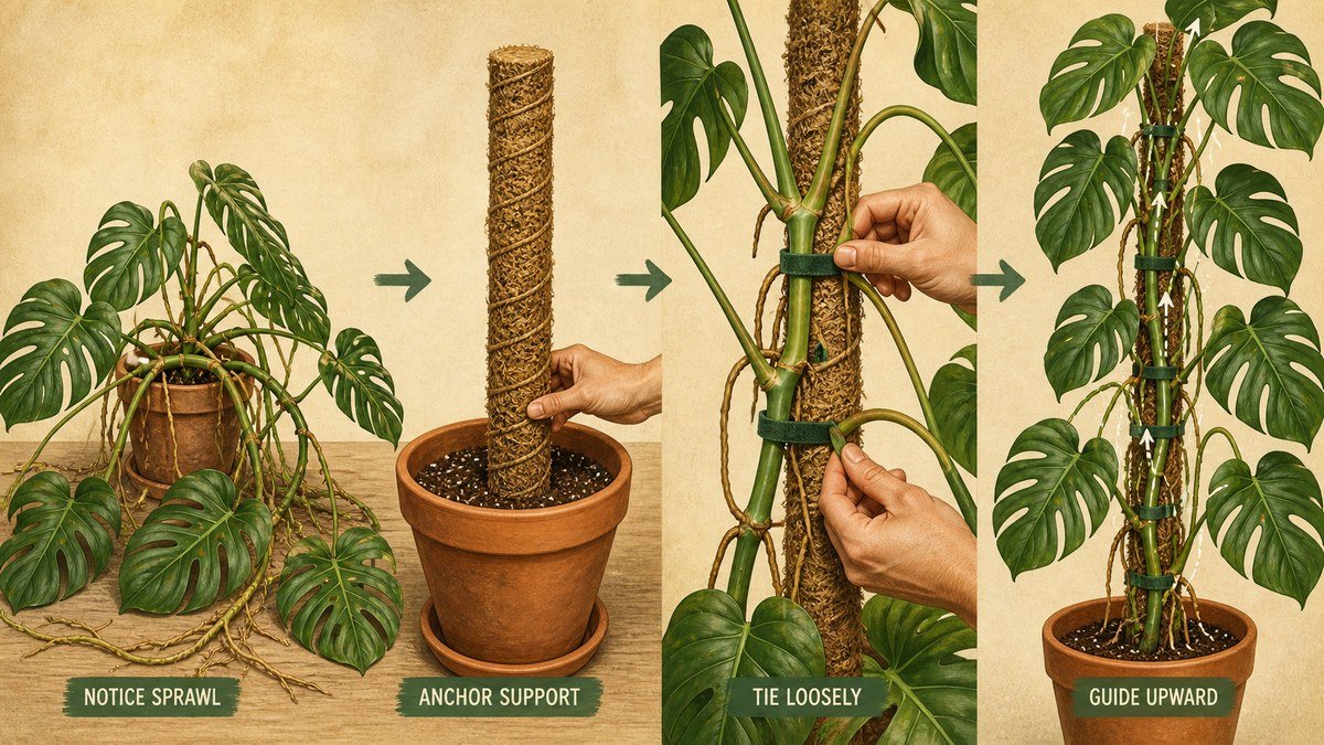 Monstera support actions: notice sprawling stems, anchor a sturdy moss pole, tie the main stem loosely, and guide aerial roots and growth upward