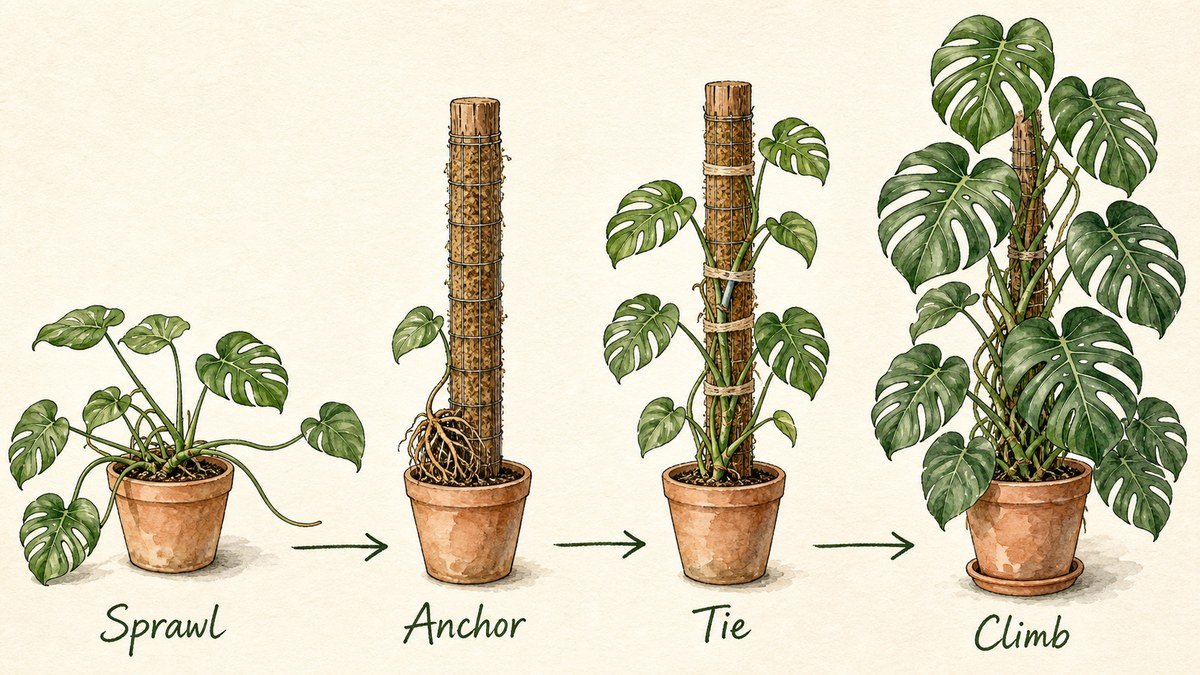 Four illustrated Monstera support steps: manage sprawling stems, anchor a sturdy pole, tie stems gently, and guide the plant upward