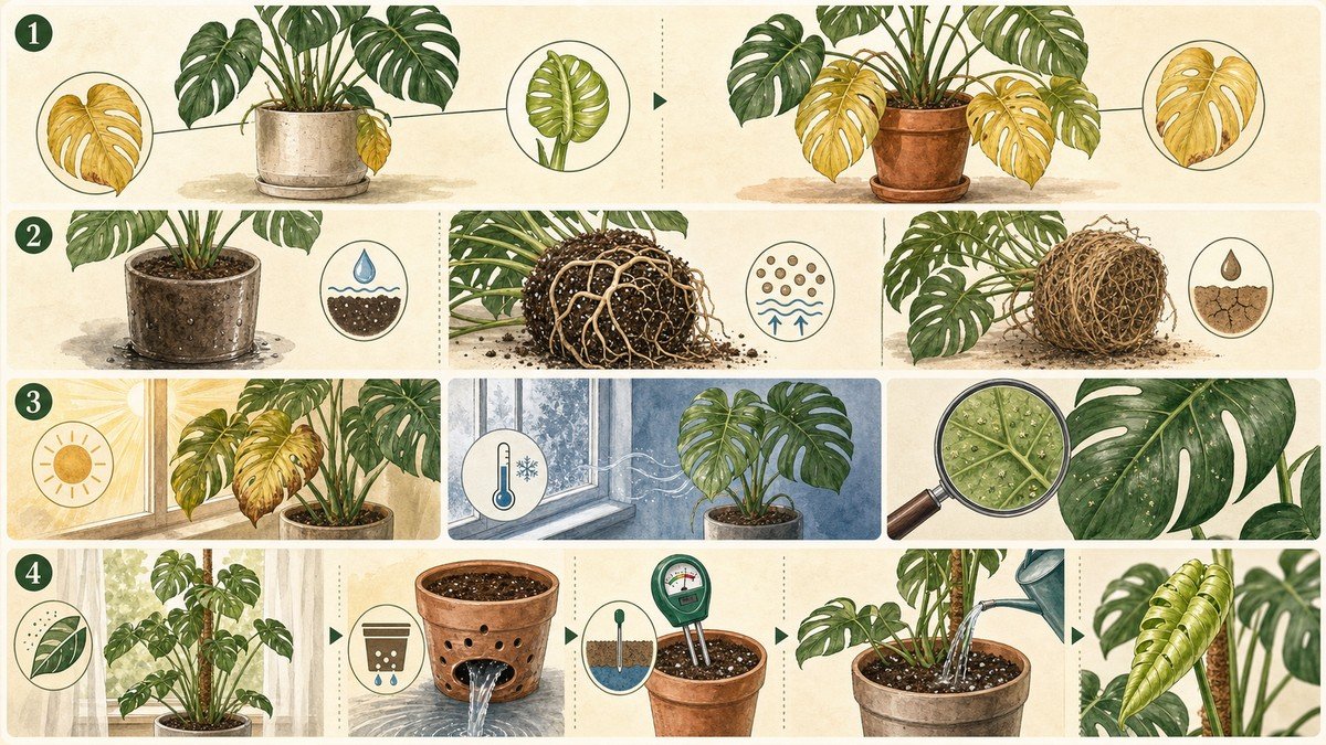 Four-step visual guide for yellow Monstera leaves: compare normal old-leaf aging with spreading yellowing, check wet or dry roots, review light, temperature, and pests, then stabilize drainage and filtered light