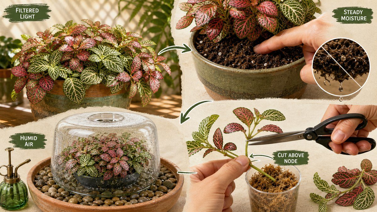 Nerve plant care actions: use filtered light, keep the potting mix steadily moist but not wet, provide humid air, and take a stem cutting above a node