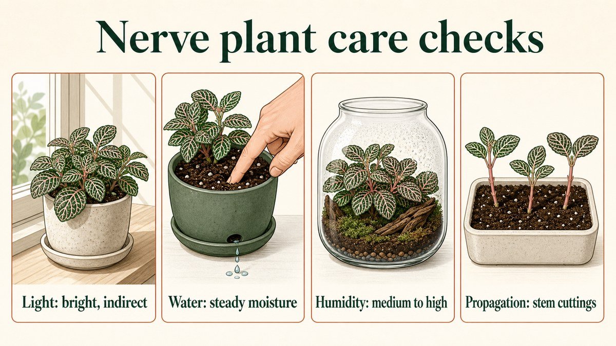 Infographic showing nerve plant checks for bright indirect light, steady moisture, humidity, and stem-cutting propagation
