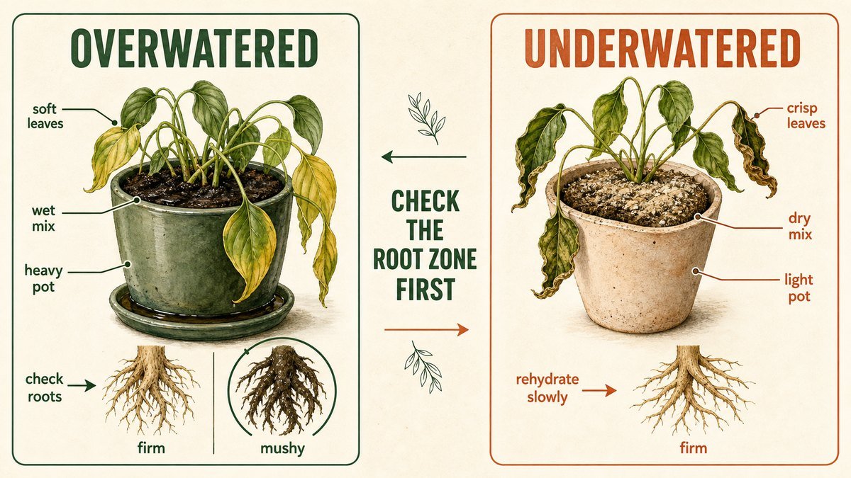 Side-by-side illustrated comparison of an overwatered plant with wet mix, a heavy pot, soft leaves and mushy roots versus an underwatered plant with dry mix, a light pot, crisp leaves and firm roots