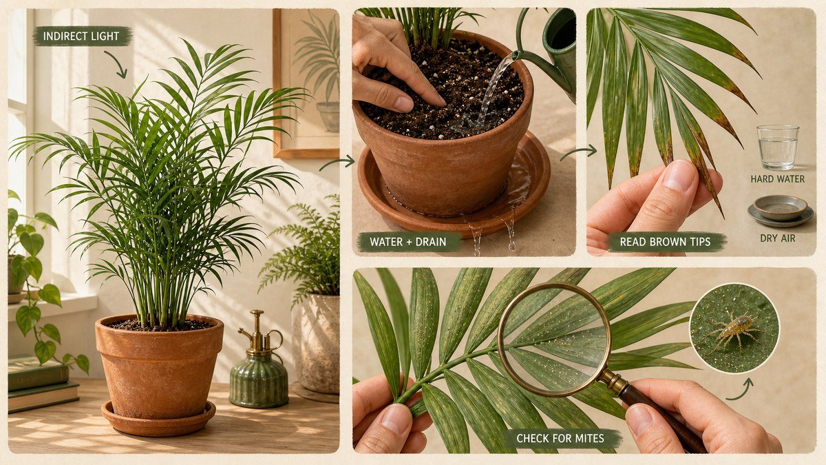 Parlor palm care actions: provide indirect light, water and drain the pot, inspect brown tips alongside water and air conditions, and check fronds for spider mites