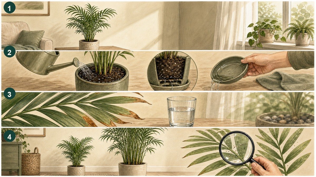 Four-step visual guide to parlor palm care: use indirect light, water and drain the pot, check brown tips alongside water and air conditions, and compare compact parlor palm scale with a taller palm lookalike while checking for mites