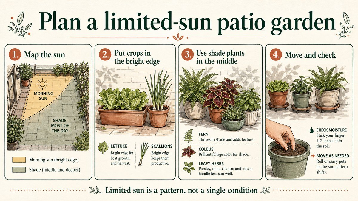 Four-step limited-sun patio garden plan: map sun and shade zones, place edible crops at the bright edge, use shade plants in the middle, then move pots and check moisture