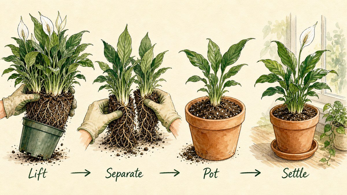 Four illustrated steps for propagating a peace lily by division: lift a crowded clump, separate rooted sections, pot each section, and let the plants settle