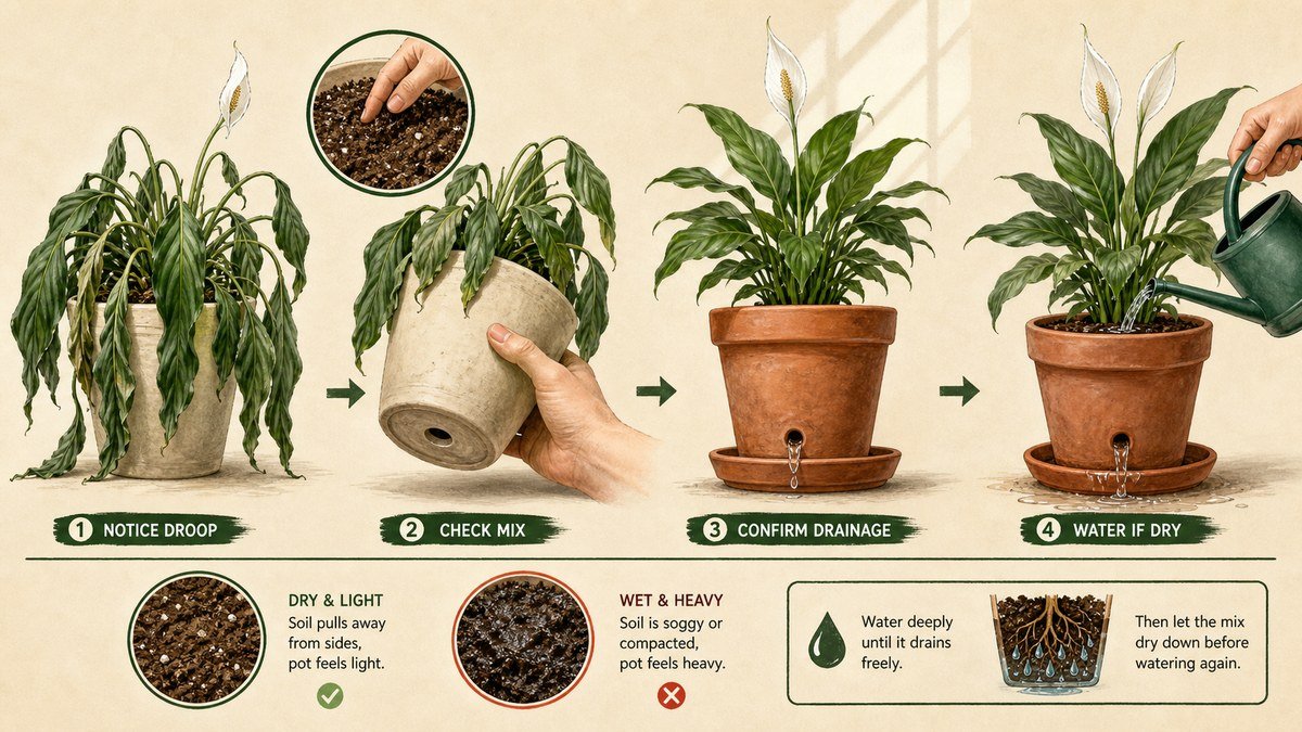 Peace lily droop diagnosis actions: notice limp leaves, check whether the potting mix is dry, confirm drainage, and water deeply only when the mix is dry