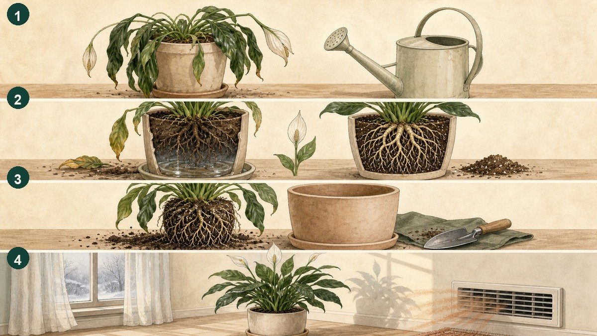 Four-step visual guide for a drooping peace lily: check dry soil, inspect wet roots, consider repotting stress, and stabilize light and temperature