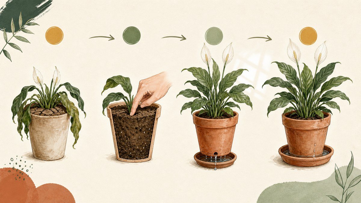 Four illustrated steps for diagnosing a peace lily droop: inspect dry mix, check moisture, provide indirect light and drainage, and water when appropriate