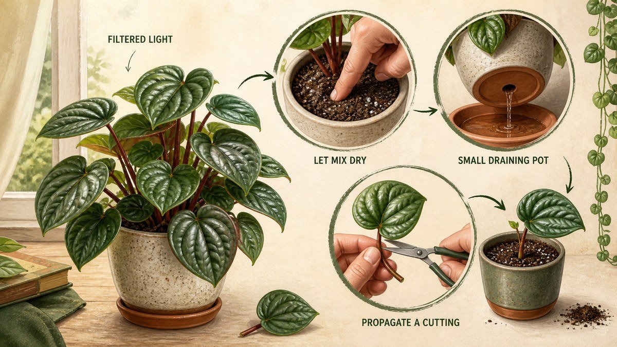 Peperomia care actions: provide filtered light, let the potting mix dry partly, use a small draining pot, and propagate a healthy leaf or stem cutting